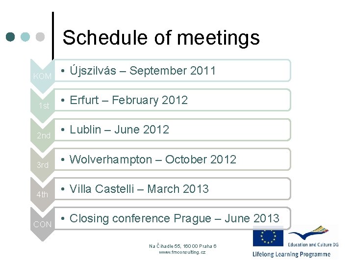 Schedule of meetings KOM • Újszilvás – September 2011 1 st • Erfurt –