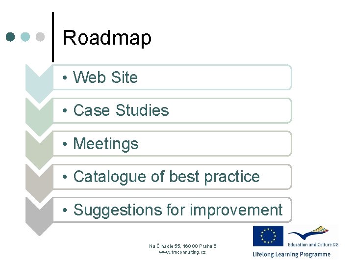 Roadmap • Web Site • Case Studies • Meetings • Catalogue of best practice