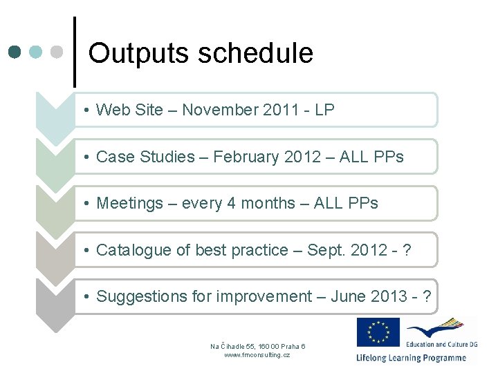 Outputs schedule • Web Site – November 2011 - LP • Case Studies –