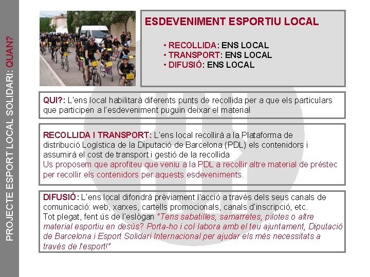 PROJECTE ESPORT LOCAL SOLIDARI: QUAN? ESDEVENIMENT ESPORTIU LOCAL • RECOLLIDA: ENS LOCAL • TRANSPORT: