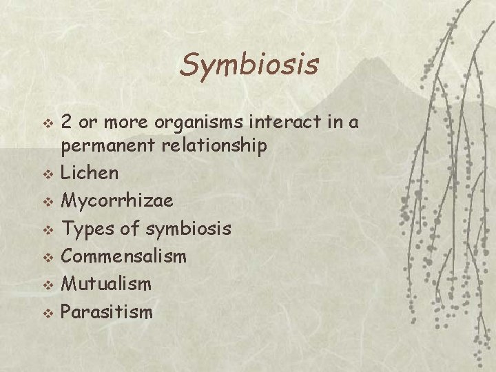 Symbiosis v v v v 2 or more organisms interact in a permanent relationship