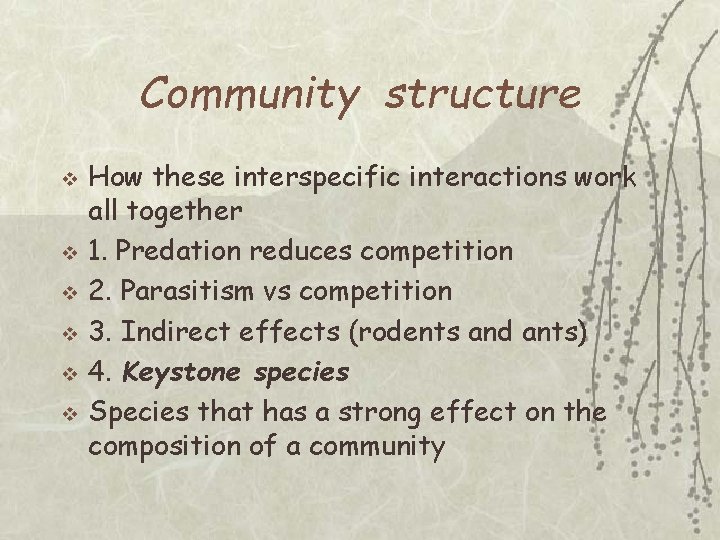 Community structure v v v How these interspecific interactions work all together 1. Predation