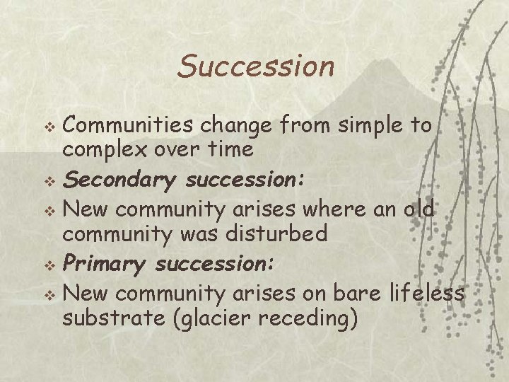 Succession Communities change from simple to complex over time v Secondary succession: v New