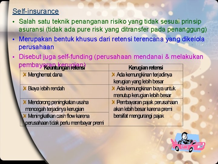 Self-insurance • Salah satu teknik penanganan risiko yang tidak sesuai prinsip asuransi (tidak ada