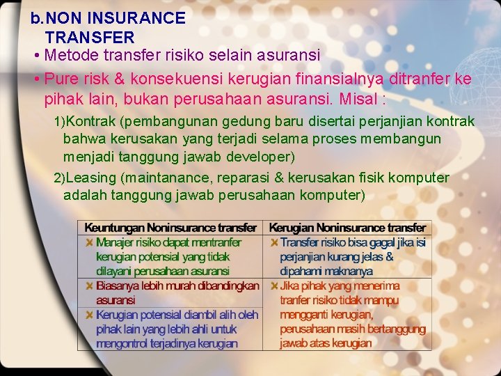 b. NON INSURANCE TRANSFER • Metode transfer risiko selain asuransi • Pure risk &