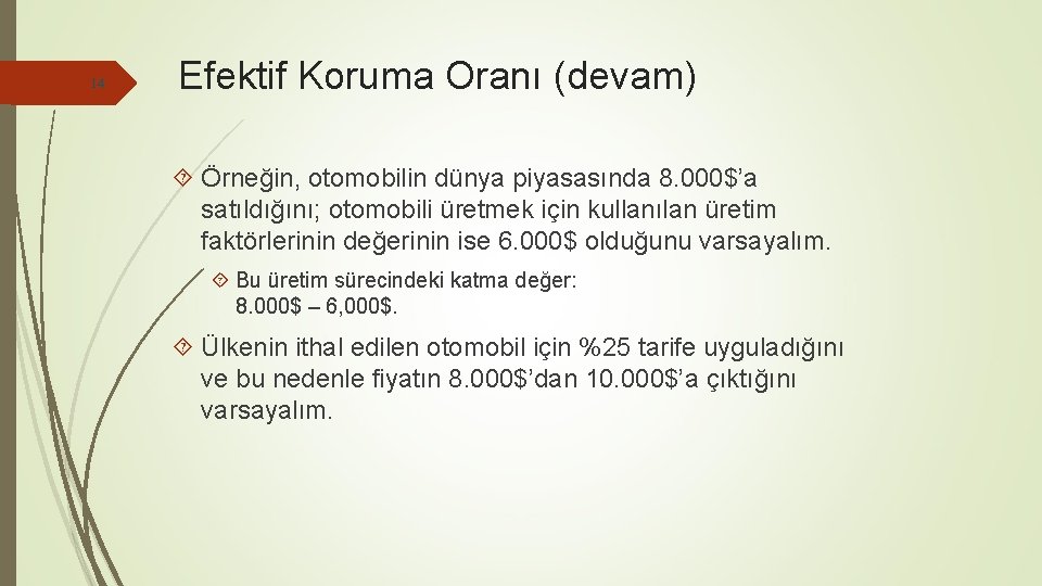 14 Efektif Koruma Oranı (devam) Örneğin, otomobilin dünya piyasasında 8. 000$’a satıldığını; otomobili üretmek