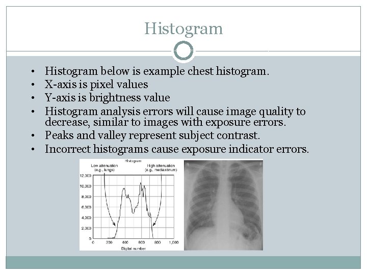 Histogram • • Histogram below is example chest histogram. X-axis is pixel values Y-axis