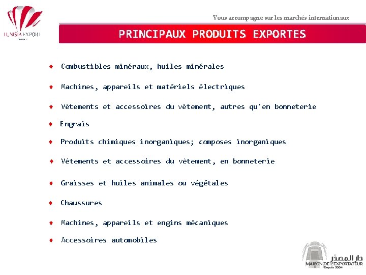 Vous accompagne sur les marchés internationaux PRINCIPAUX PRODUITS EXPORTES ♦ Combustibles minéraux, huiles minérales