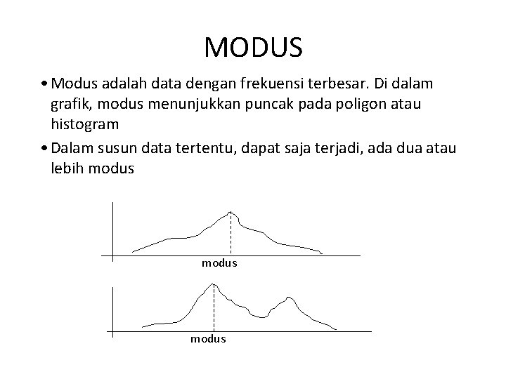 MODUS • Modus adalah data dengan frekuensi terbesar. Di dalam grafik, modus menunjukkan puncak