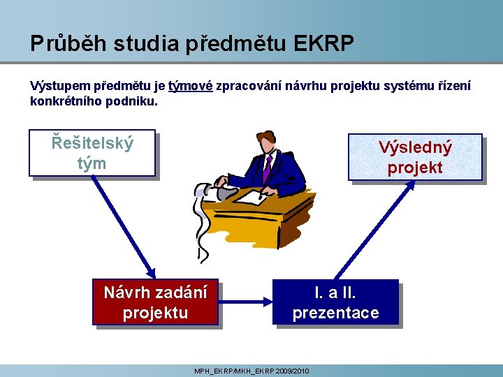 Průběh studia předmětu EKRP Výstupem předmětu je týmové zpracování návrhu projektu systému řízení konkrétního