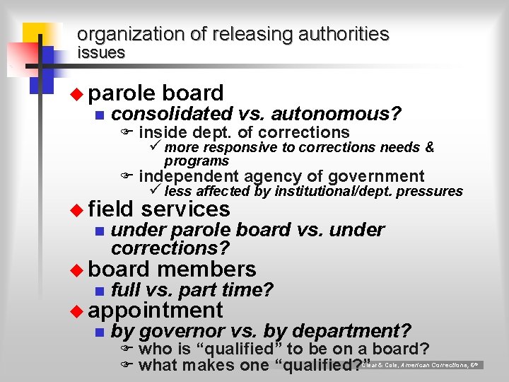 organization of releasing authorities issues u parole n board consolidated vs. autonomous? F inside