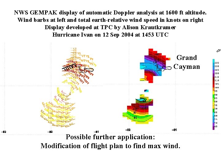 NWS GEMPAK display of automatic Doppler analysis at 1600 ft altitude. Wind barbs at