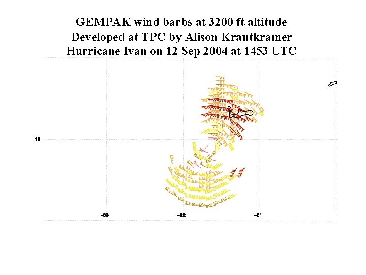 GEMPAK wind barbs at 3200 ft altitude Developed at TPC by Alison Krautkramer Hurricane
