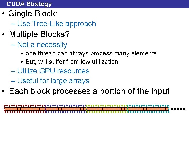 CUDA Strategy • Single Block: – Use Tree-Like approach • Multiple Blocks? – Not
