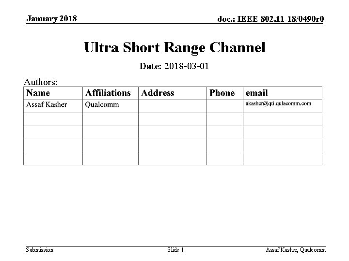 January 2018 doc. : IEEE 802. 11 -18/0490 r 0 Ultra Short Range Channel