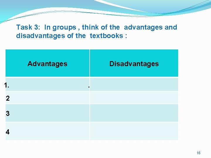 Task 3: In groups , think of the advantages and disadvantages of the textbooks