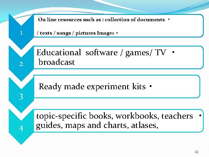 On line resources such as : collection of documents • 1 / texts
