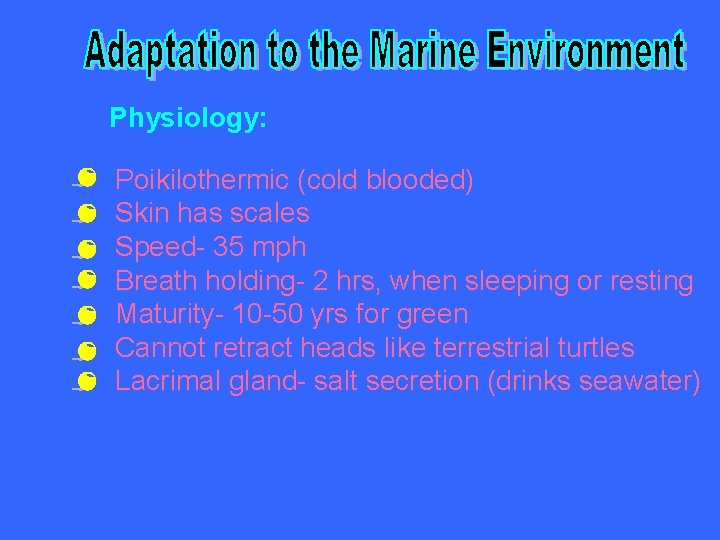 Physiology: Poikilothermic (cold blooded) Skin has scales Speed- 35 mph Breath holding- 2 hrs,