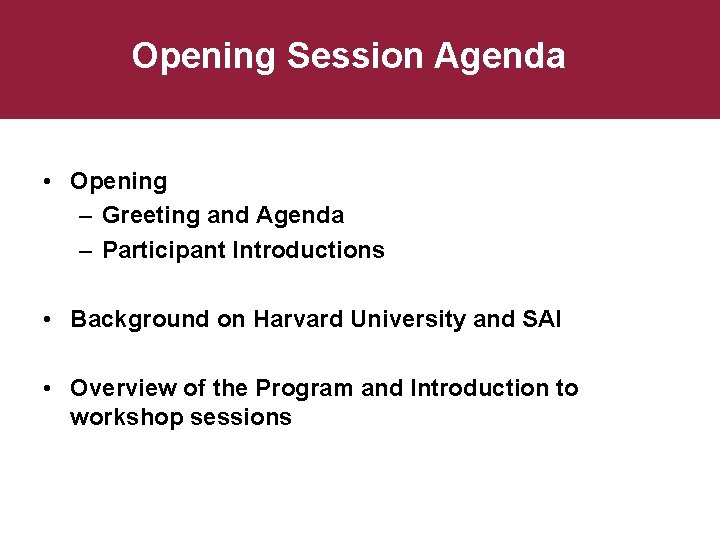 Opening Session Agenda • Opening – Greeting and Agenda – Participant Introductions • Background