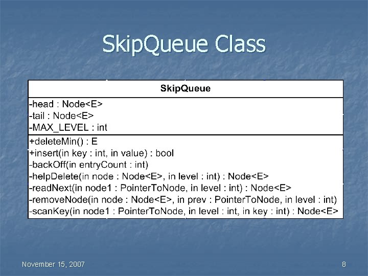 Skip. Queue Class November 15, 2007 8 