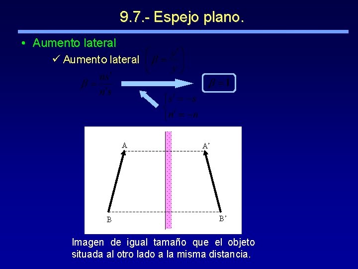 9. 7. - Espejo plano. • Aumento lateral ü Aumento lateral A B A’