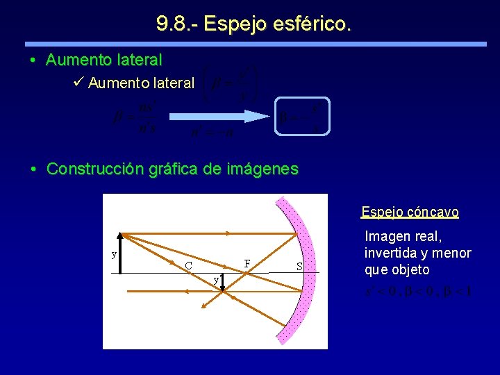 9. 8. - Espejo esférico. • Aumento lateral ü Aumento lateral • Construcción gráfica