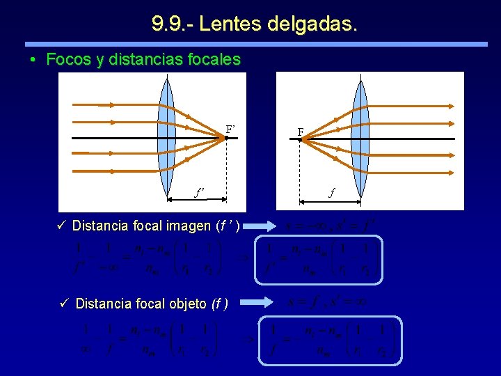 9. 9. - Lentes delgadas. • Focos y distancias focales F’ f’ ü Distancia