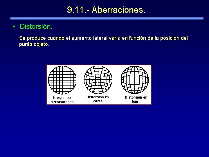 9. 11. - Aberraciones. • Distorsión. Se produce cuando el aumento lateral varía en