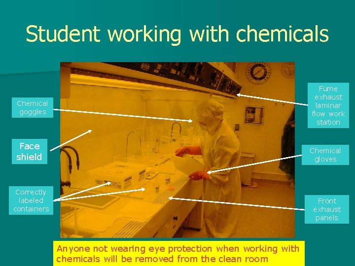 Student working with chemicals Fume exhaust laminar flow work station Chemical goggles Face shield