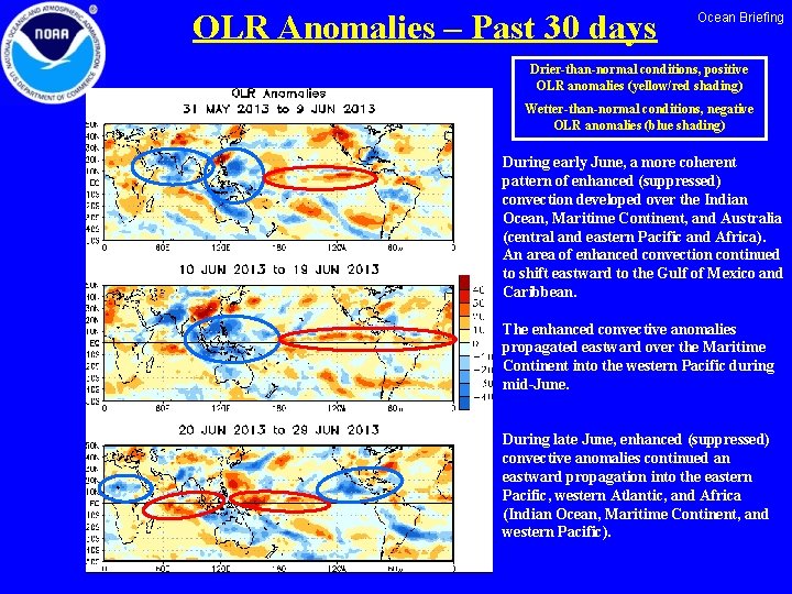 OLR Anomalies – Past 30 days Ocean Briefing Drier-than-normal conditions, positive OLR anomalies (yellow/red