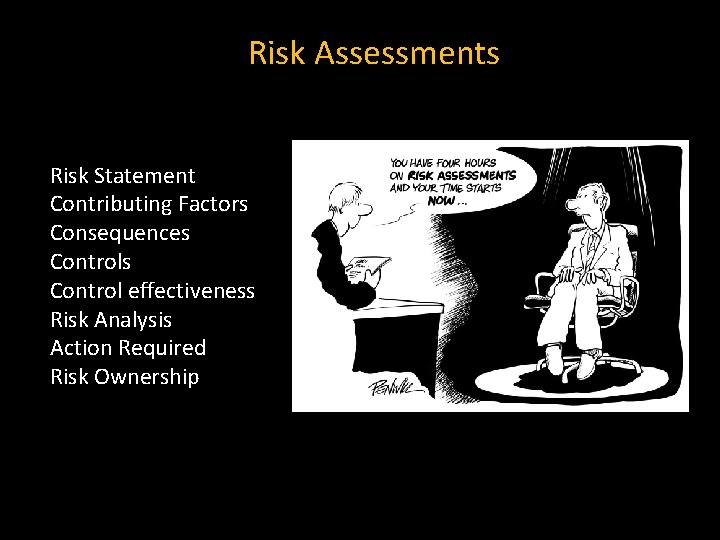 Risk Assessments Risk Statement Contributing Factors Consequences Control effectiveness Risk Analysis Action Required Risk