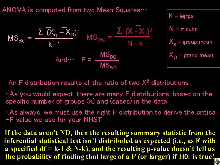 ANOVA is computed from two Mean Squares… MSBG = Σ (Xg – XG)2 k