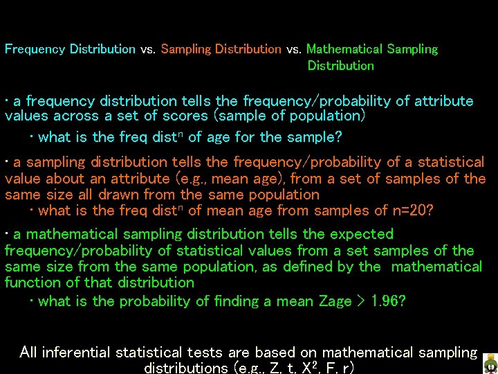 Frequency Distribution vs. Sampling Distribution vs. Mathematical Sampling Distribution • a frequency distribution tells