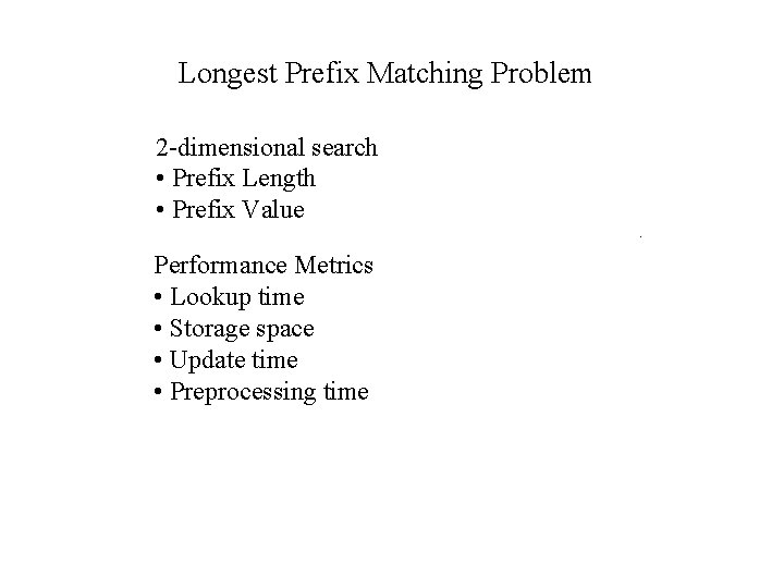 Longest Prefix Matching Problem 2 -dimensional search • Prefix Length • Prefix Value Performance