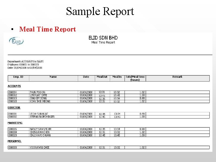 Sample Report • Meal Time Report 
