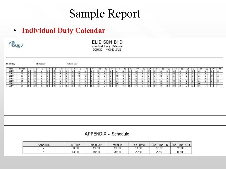 Sample Report • Individual Duty Calendar 