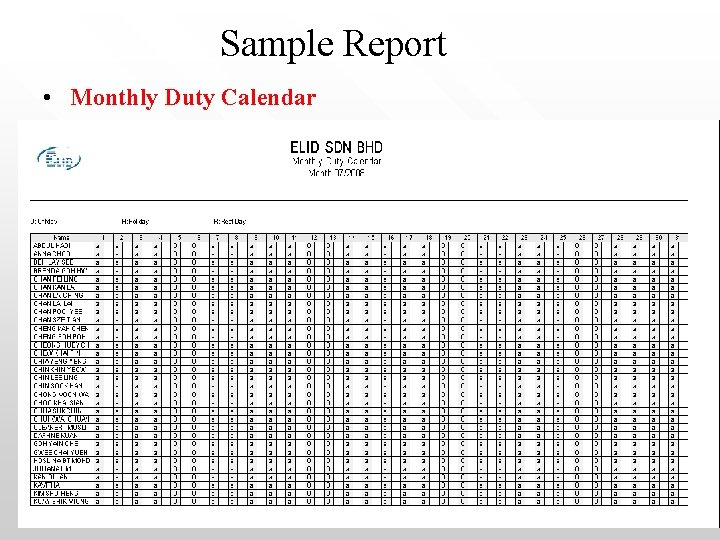 Sample Report • Monthly Duty Calendar 