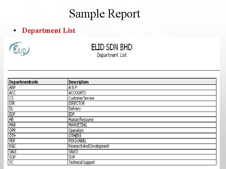 Sample Report • Department List 