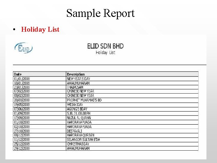 Sample Report • Holiday List 