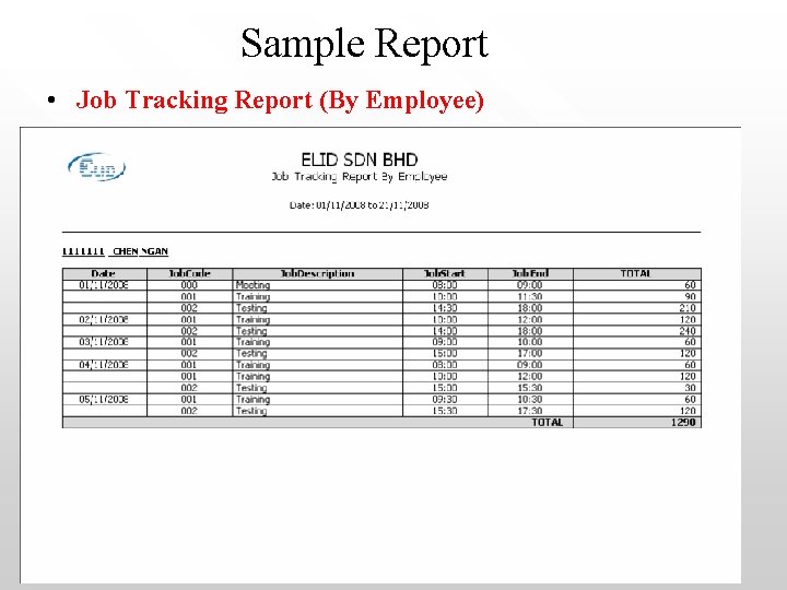 Sample Report • Job Tracking Report (By Employee) 