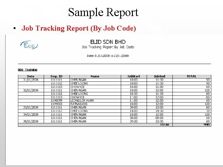 Sample Report • Job Tracking Report (By Job Code) 