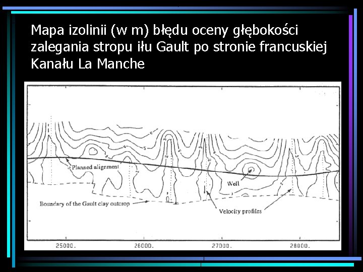 Mapa izolinii (w m) błędu oceny głębokości zalegania stropu iłu Gault po stronie francuskiej