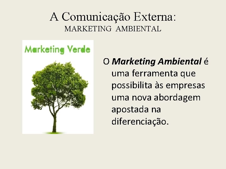 A Comunicação Externa: MARKETING AMBIENTAL O Marketing Ambiental é uma ferramenta que possibilita às