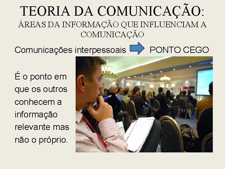 TEORIA DA COMUNICAÇÃO: ÁREAS DA INFORMAÇÃO QUE INFLUENCIAM A COMUNICAÇÃO Comunicações interpessoais PONTO CEGO