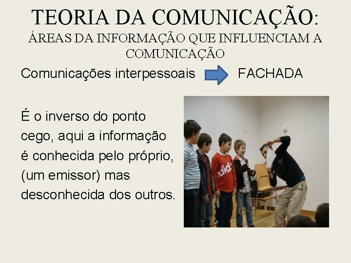 TEORIA DA COMUNICAÇÃO: ÁREAS DA INFORMAÇÃO QUE INFLUENCIAM A COMUNICAÇÃO Comunicações interpessoais FACHADA É