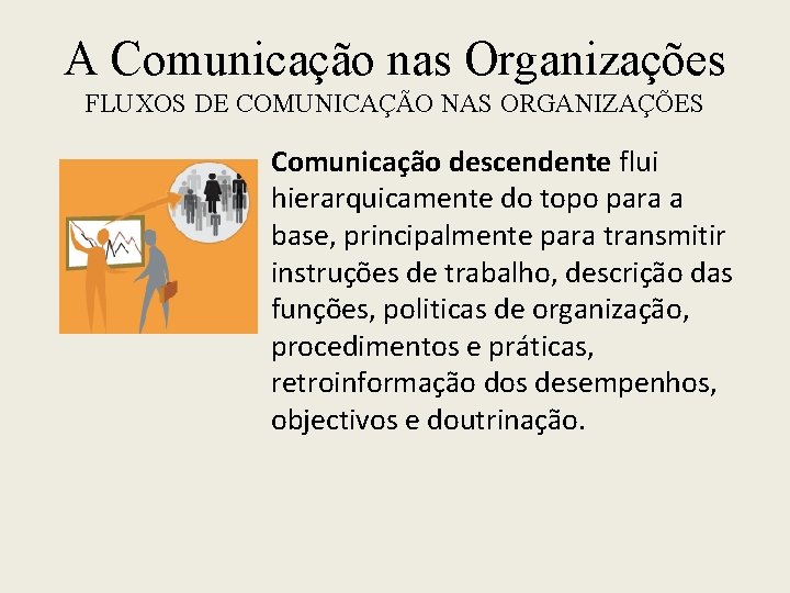 A Comunicação nas Organizações FLUXOS DE COMUNICAÇÃO NAS ORGANIZAÇÕES Comunicação descendente flui hierarquicamente do