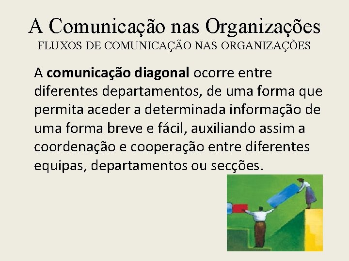 A Comunicação nas Organizações FLUXOS DE COMUNICAÇÃO NAS ORGANIZAÇÕES A comunicação diagonal ocorre entre