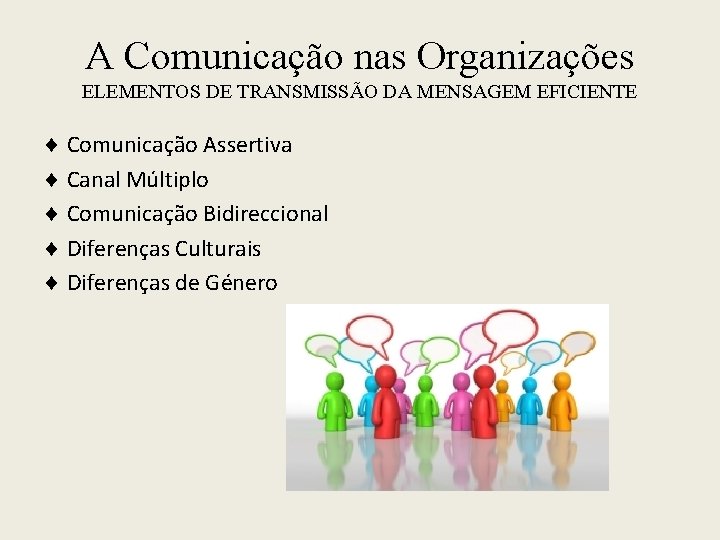 A Comunicação nas Organizações ELEMENTOS DE TRANSMISSÃO DA MENSAGEM EFICIENTE Comunicação Assertiva Canal Múltiplo