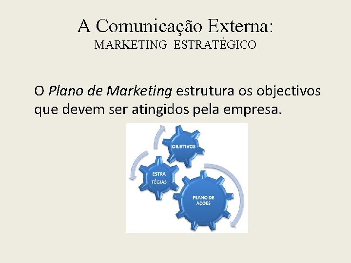 A Comunicação Externa: MARKETING ESTRATÉGICO O Plano de Marketing estrutura os objectivos que devem
