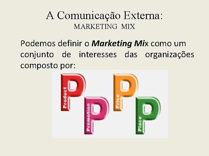 A Comunicação Externa: MARKETING MIX Podemos definir o Marketing Mix como um conjunto de